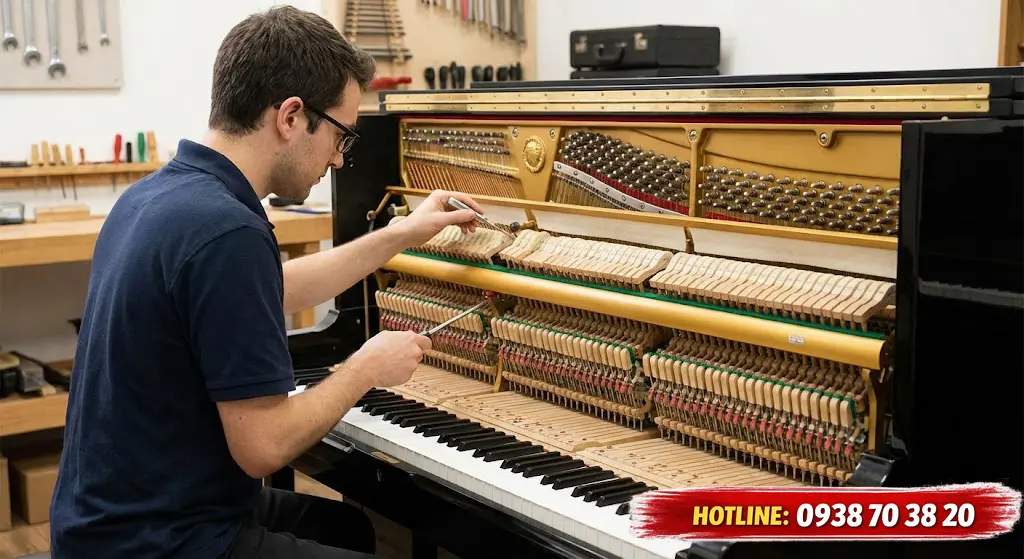 Kỹ thuật viên kiểm tra piano