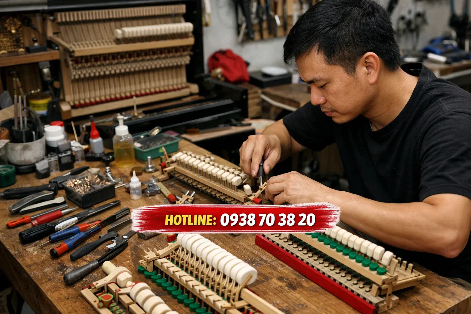 Kỹ thuật viên đang lên dây đàn piano cơ tại Bình Chánh