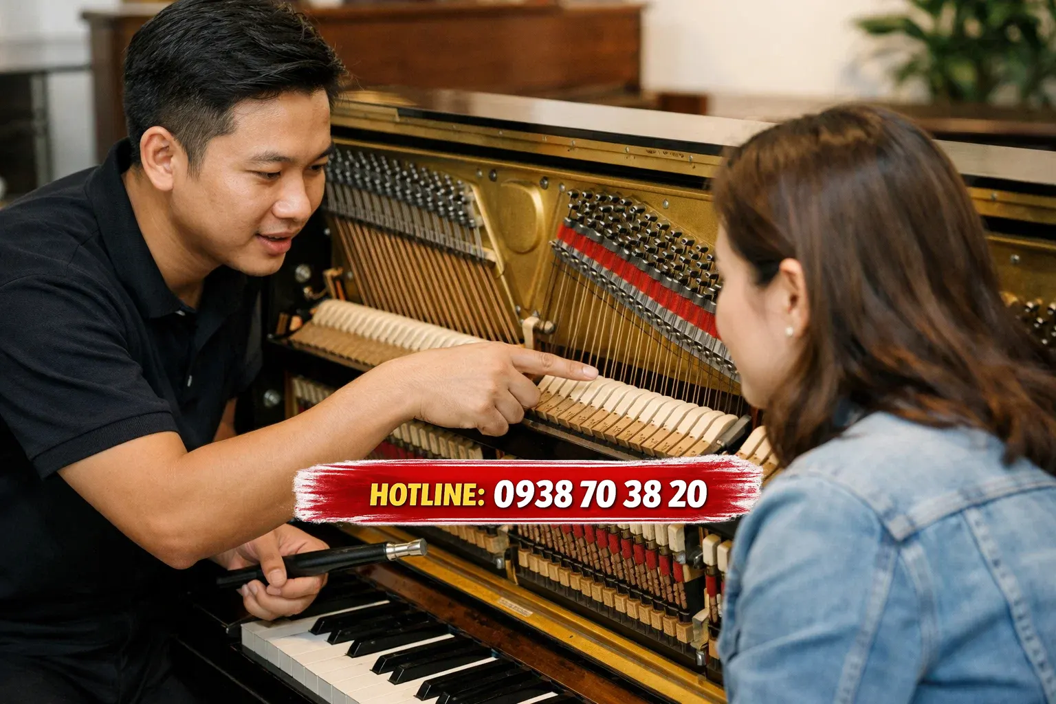 Kỹ thuật viên đang lên dây đàn piano cơ tại Bình Thạnh