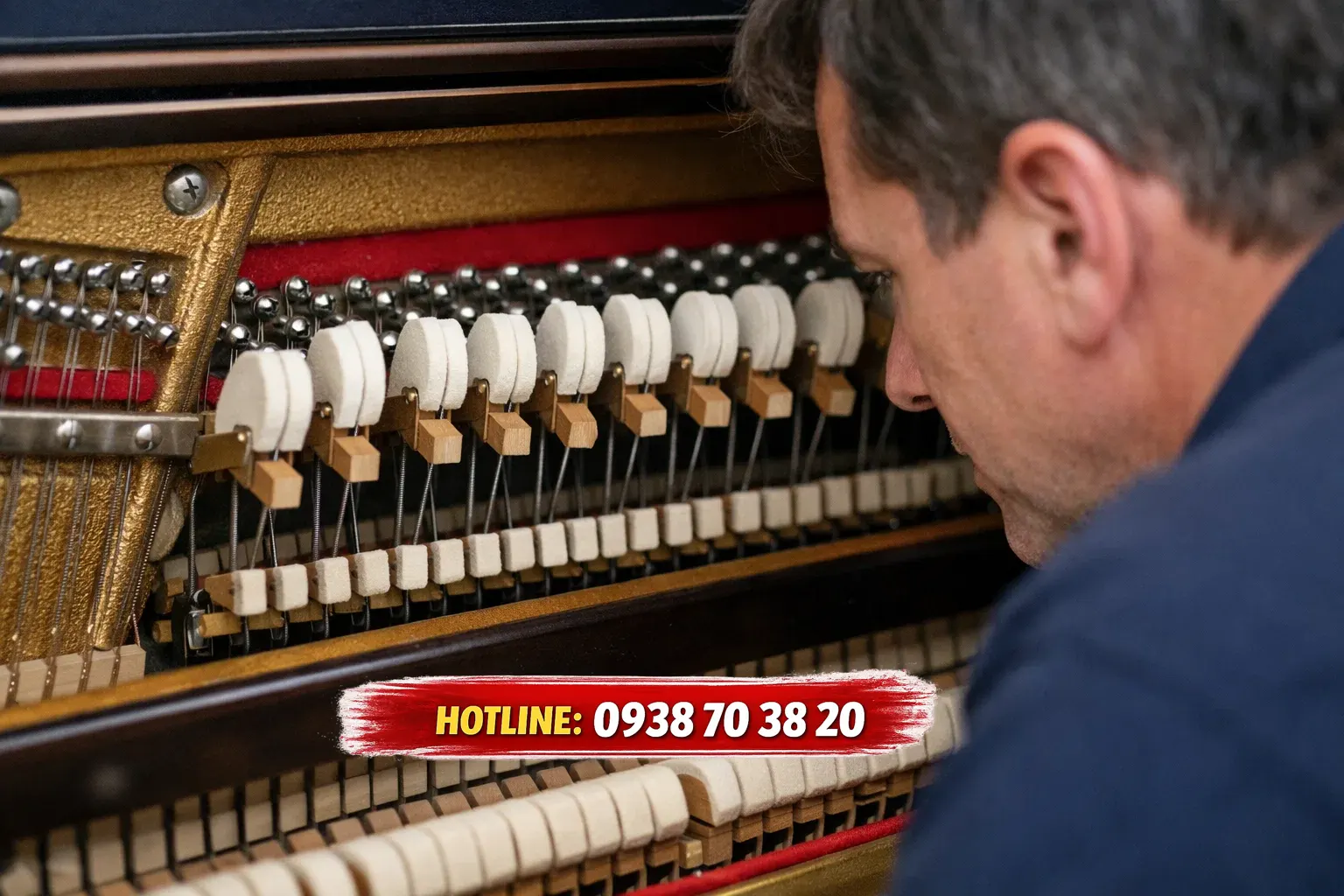 Kỹ thuật viên đang lên dây đàn piano cơ tại Bình Tân