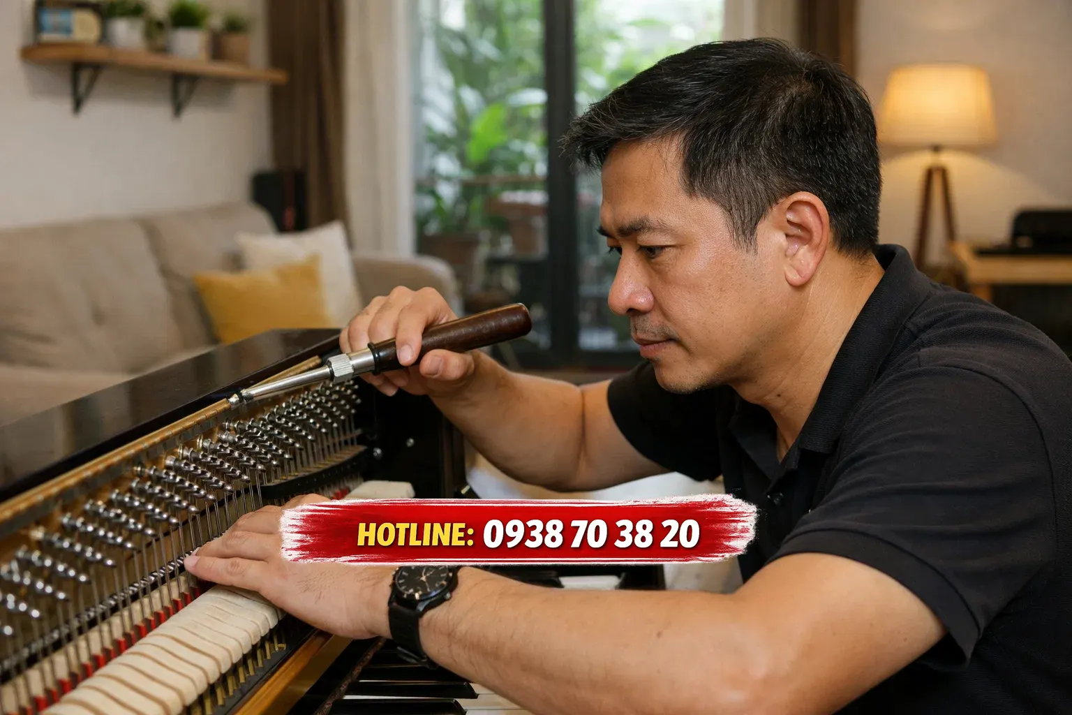 Kỹ thuật viên đang lên dây đàn piano Upright tại Quận 4